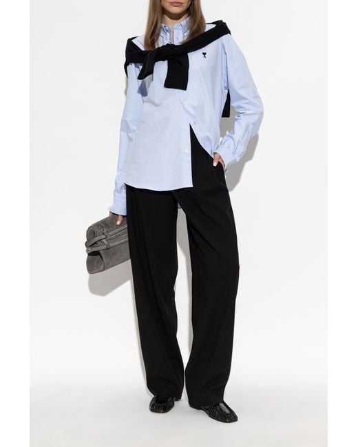AMI Blue Cotton Shirt With Embroidered Logo