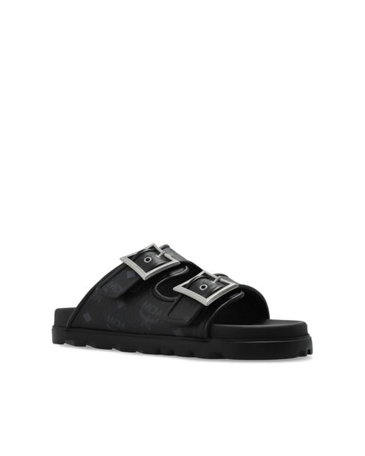 MCM Black Flip-Flops With Logo for men