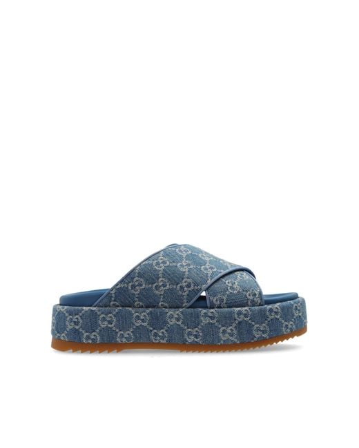 Gucci Blue Gg Platform Slide Sandal, , Fabric