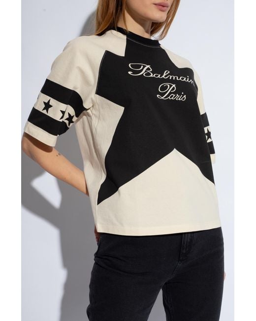 Balmain Black Cropped T-shirt With Star And Logo Prints