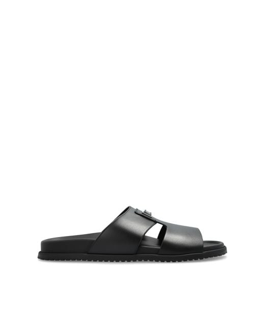 Dolce & Gabbana Black Leather Slides With Appliqué for men