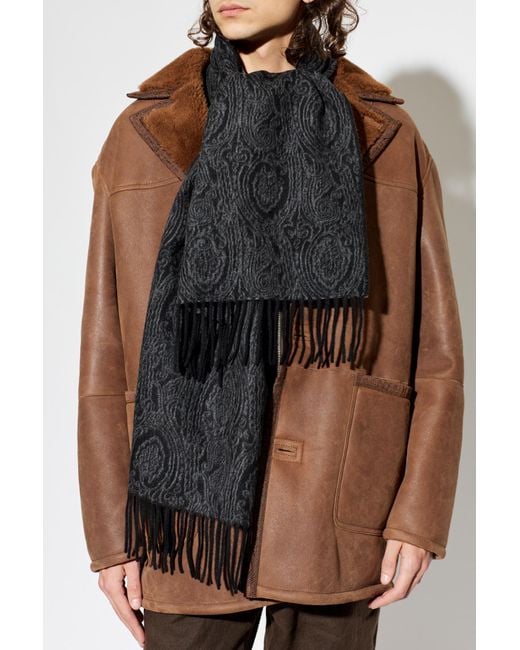 Etro Black Wool Scarf With Fringes for men