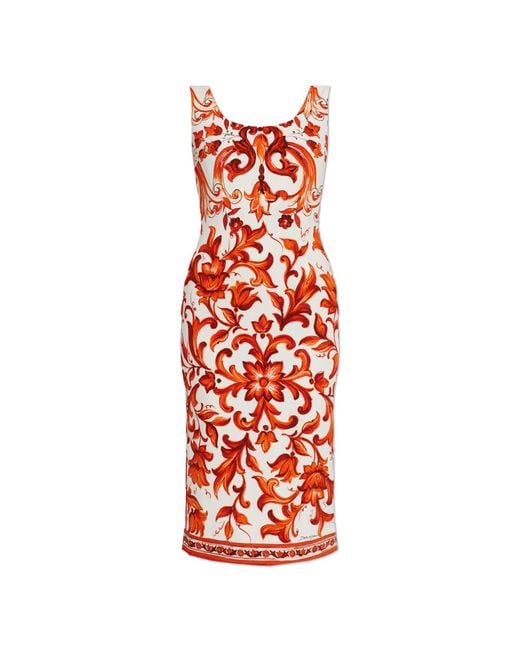 Dolce & Gabbana Red Silk Dress With "Majolica" Print