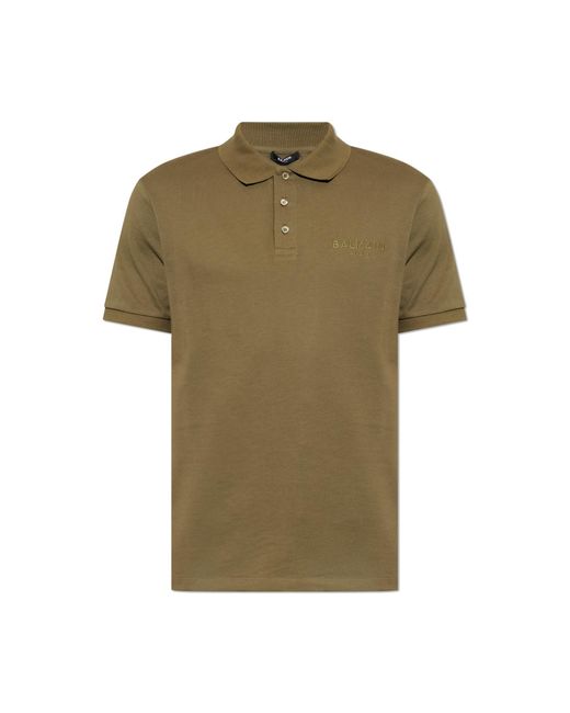 Balmain Green Cotton Polo Shirt With Embroidered Logo for men
