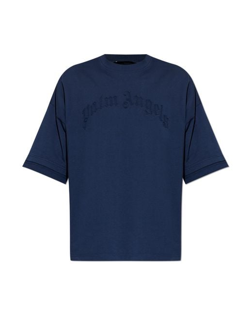 Palm Angels Blue T-Shirt With Embroidered Logo for men