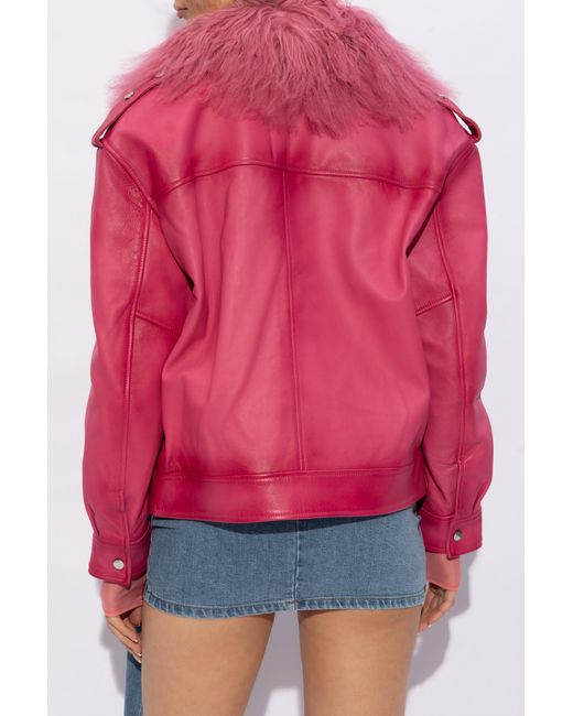 Blumarine Pink Leather Jacket With Fur Collar,
