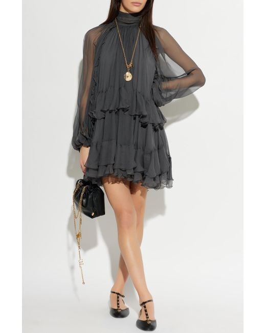 Chloé Gray Silk Dress With Ruffles