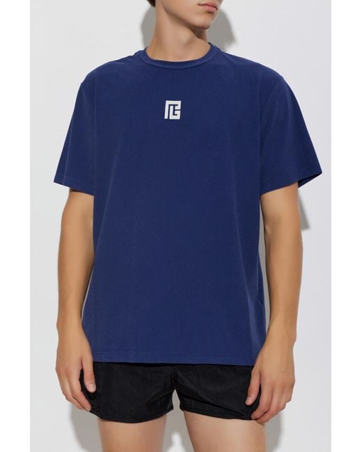 Balmain Blue T-Shirt With Embroidered Logo for men