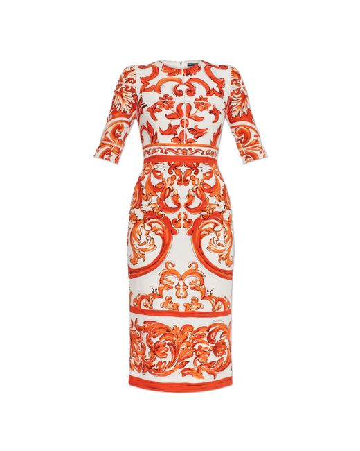 Dolce & Gabbana White Silk Dress With "Majolica" Print