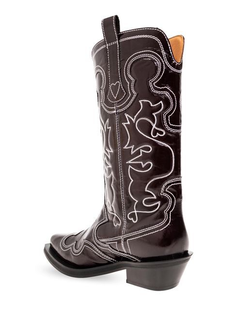 Ganni Black Cowboy Boots With An Embroidered Pattern