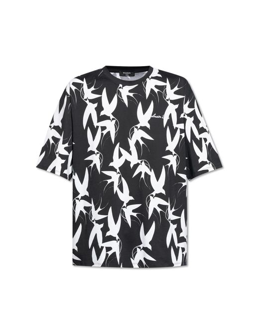 Balmain Black T-Shirt With Bird Motif for men