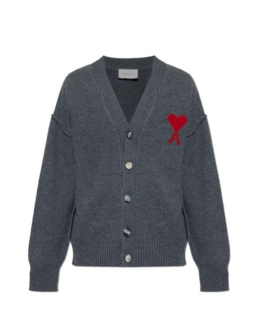 AMI Gray Wool Cardigan With Logo for men