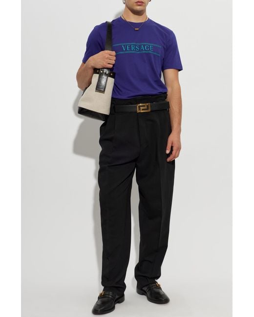 Versace Blue Cotton T-Shirt With Embroidered Logo for men