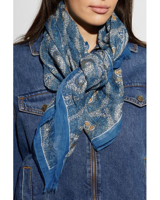 Etro Blue Patterned Scarf With Raw Finish