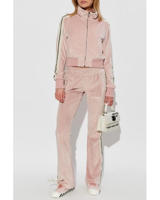Palm Angels Pink Velvet Sweatshirt With Stand-Up Collar