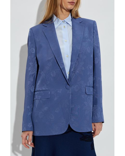 Etro Blue Satin Blazer With Floral Pattern