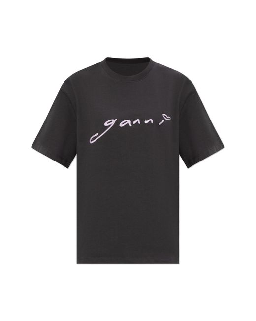 Ganni Black T-Shirt With Embroidered Logo