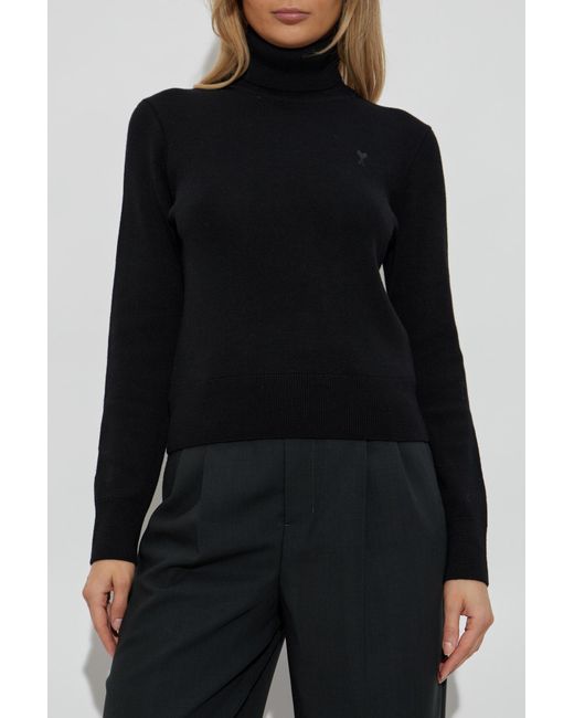 AMI Black Wool Turtleneck With Embroidered Logo