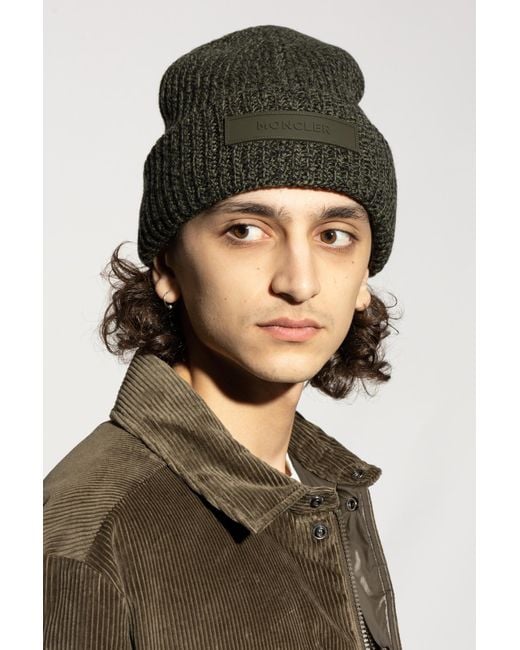 Moncler Green Wool Beanie With Logo Patch for men