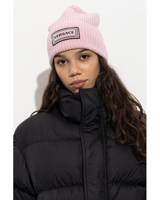 Versace Pink Wool Beanie With Embroidered Logo