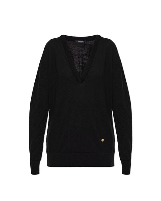 Balmain Black Wool Sweater With V-Neck