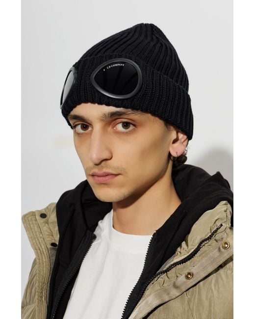 C P Company Black Wool Beanie for men