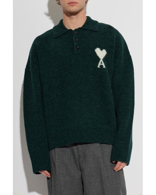 AMI Green Long-Sleeve Polo for men
