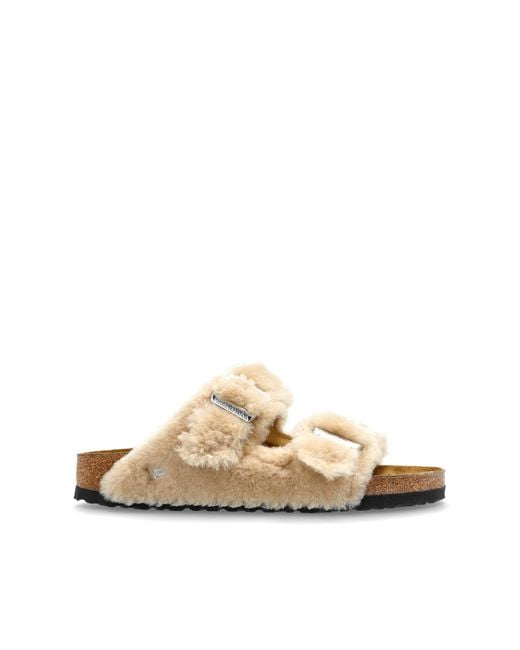 Birkenstock White Arizona Shearling Rivet Logo Slides
