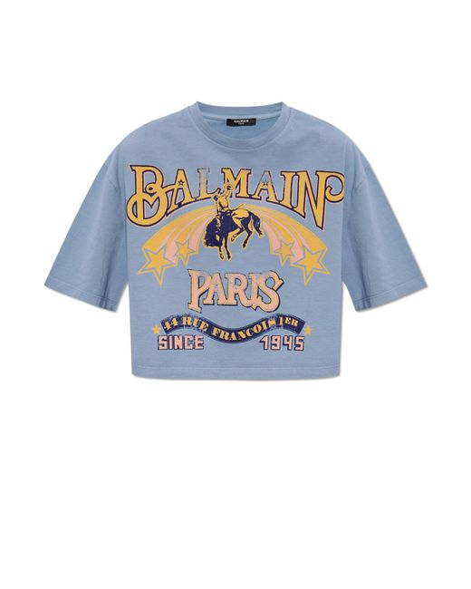 Balmain Blue Cropped T-shirt With Logo,