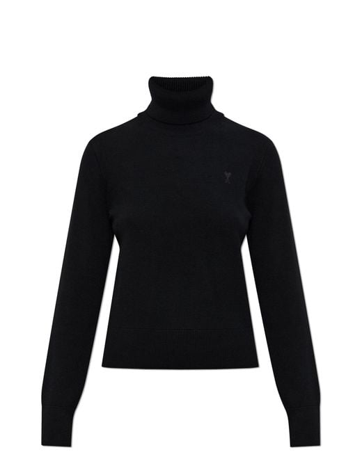 AMI Black Wool Turtleneck With Embroidered Logo