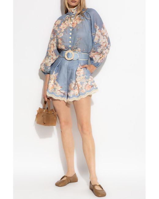 Zimmermann Blue Linen Shorts With Floral Motif,