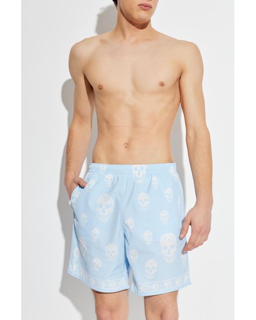 McQueen Blue Swim Shorts With Skull Motif for men