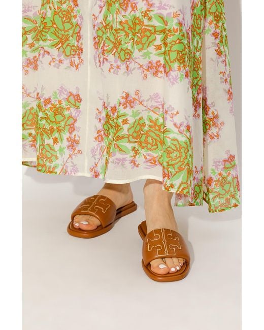 Tory Burch Brown Leather Slides With Logo
