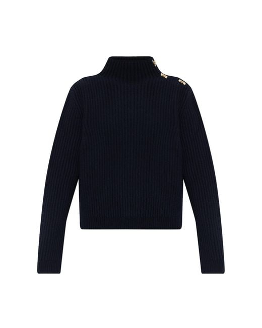 Ferragamo Blue Sweater With Decorative Fastening On The Shoulder