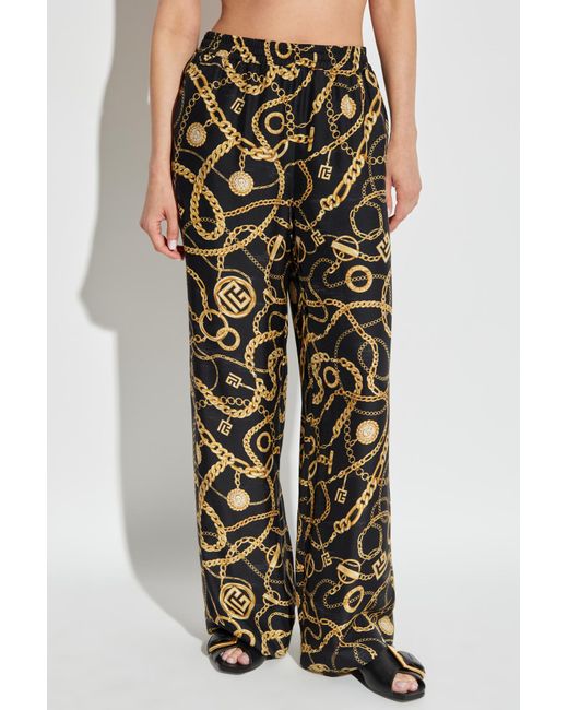 Balmain Black Silk Trousers With Print