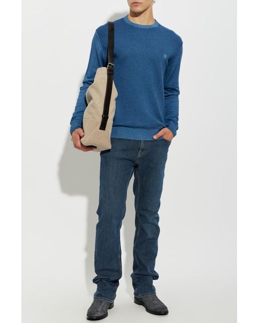 Etro Blue Wool Sweater With Embroidered Logo for men