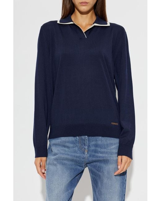 Versace Blue Wool Long-Sleeve Polo