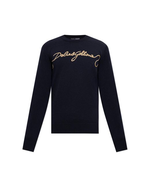 Dolce & Gabbana Blue Wool Sweater With Embroidered Logo for men