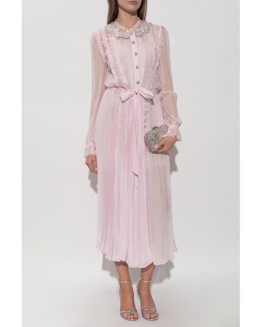 Self-Portrait Pink Pleated Dress With Shimmering Embellishments On The Collar