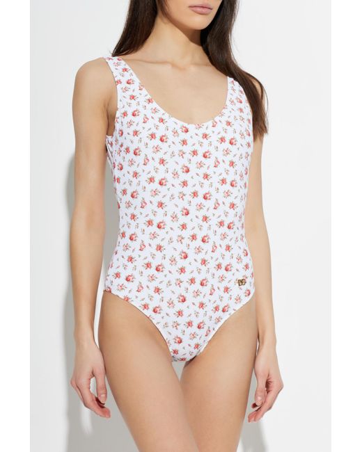 Dolce & Gabbana White One-Piece Swimsuit With Floral Motif
