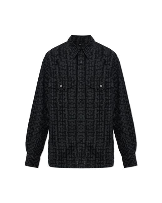 Balmain Black Denim Shirt With Monogram for men