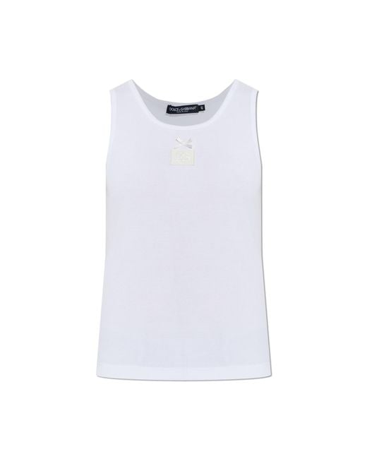 Dolce & Gabbana White Ribbed Top With Logo Patch