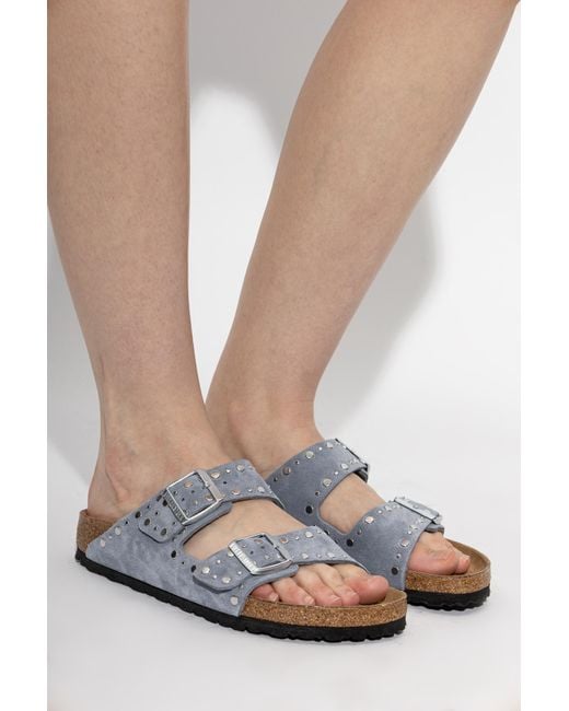 Birkenstock White 'Arizona Rivet Border' Slides