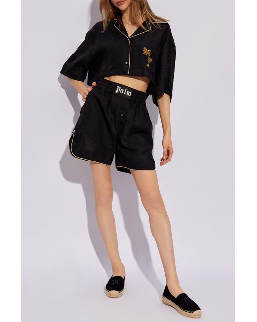 Palm Angels Black Embroidered Cropped Bowling Shirt