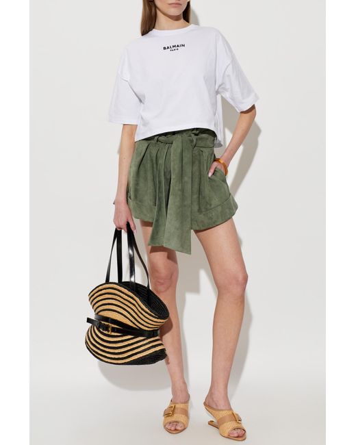 Balmain White Cropped T-Shirt With Embroidered Logo