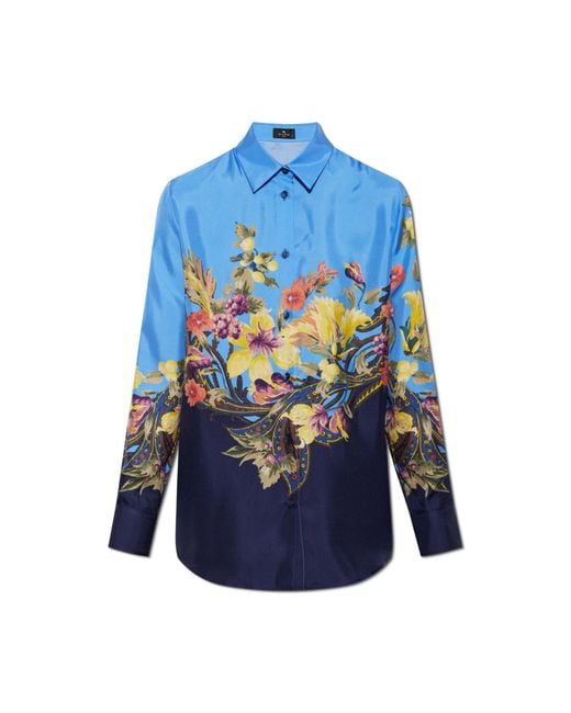 Etro Blue Silk Shirt With Floral Motif