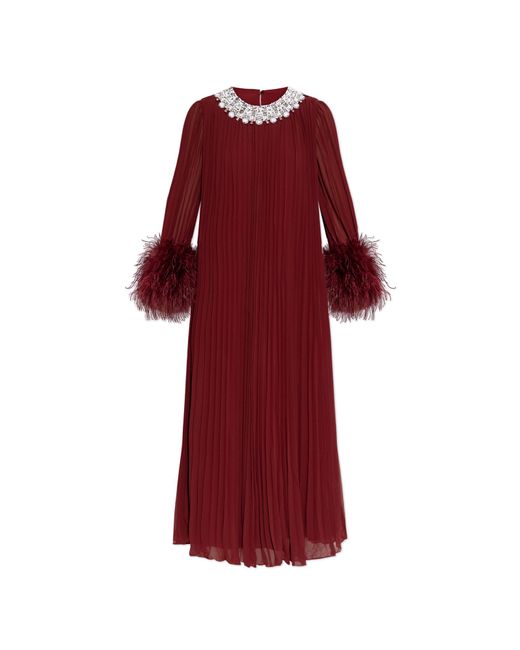 Self-Portrait Red Pleated Dress With Appliqués