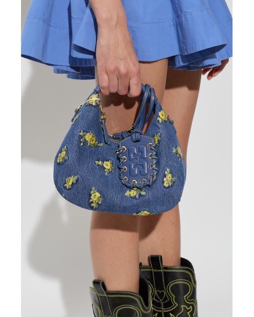 Ganni Blue Denim Bag With Floral Motif