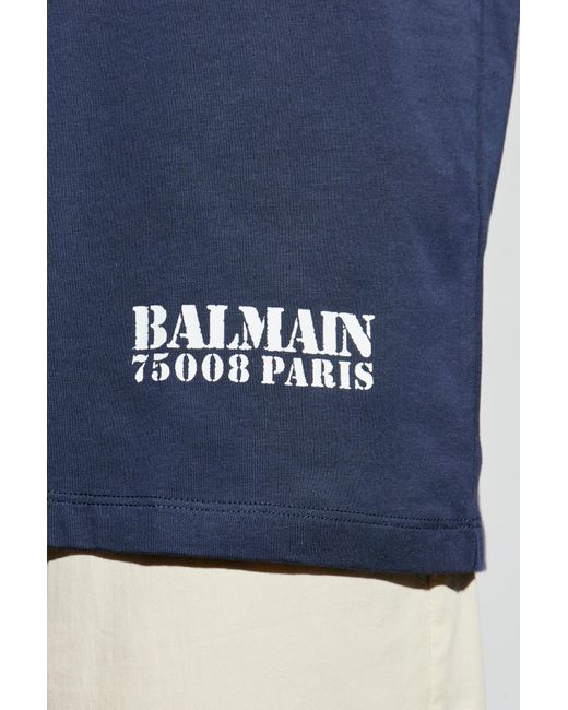 Balmain Blue T-Shirt With Printed Logo for men