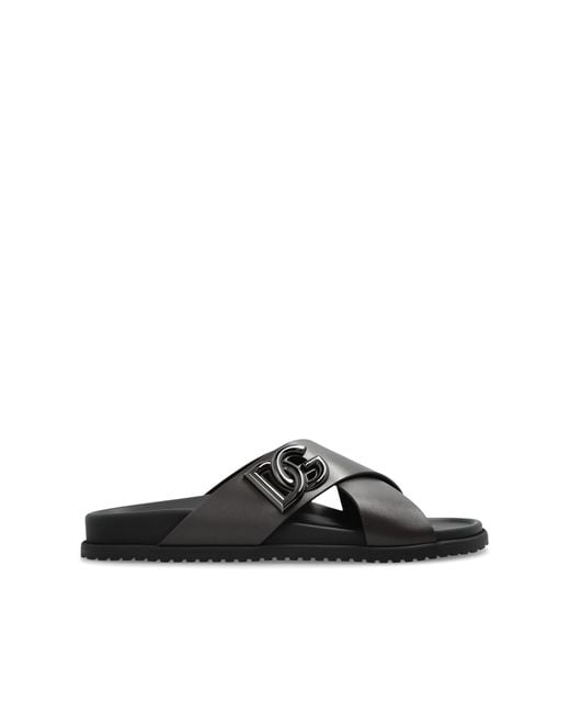 Dolce & Gabbana Black Leather Slides With Logo for men